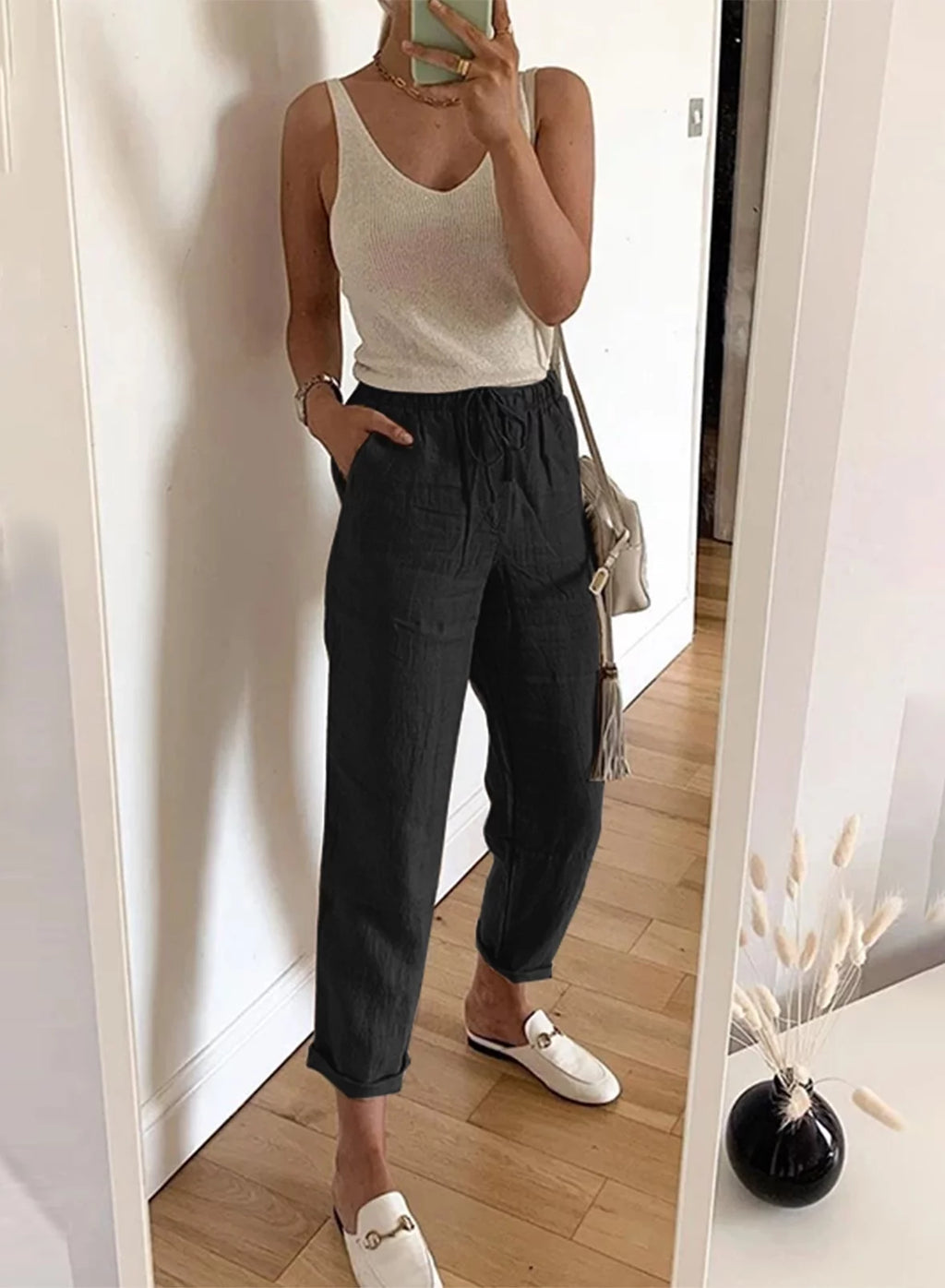Black Linen Straight Leg Elastic Waist Pants with Pockets 2XL F9627