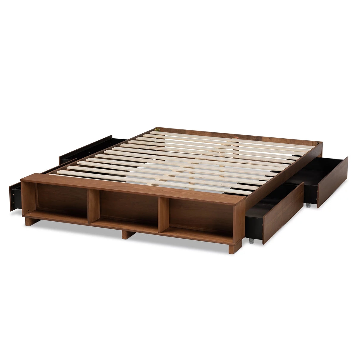 Ash Walnut Brown Wood Full Size Platform Bed with Built-In Shelves U5322