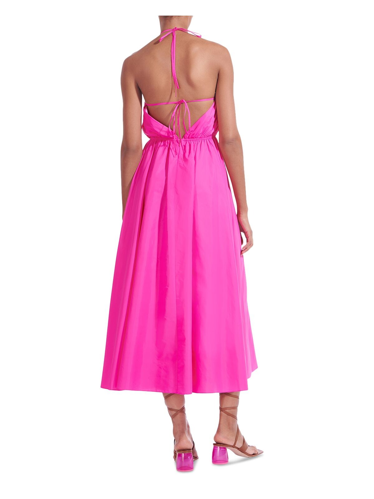 Pink Zippered Cut Out Open Back Tie Closure Sleeveless Halter Midi Fit + Flare Dress 4 T6948