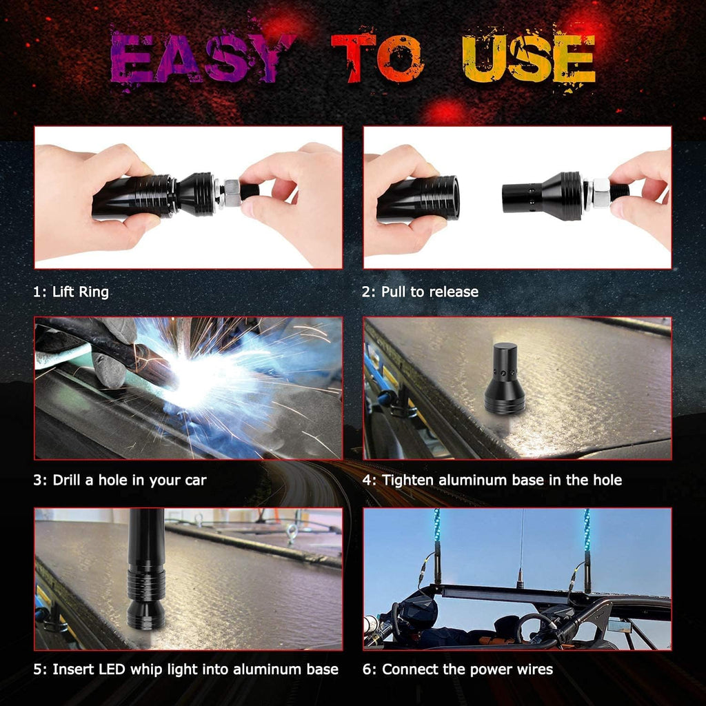 2PCS 3FT RGB LED Whip Lights with Spring Base RF Remote Controlled I648145