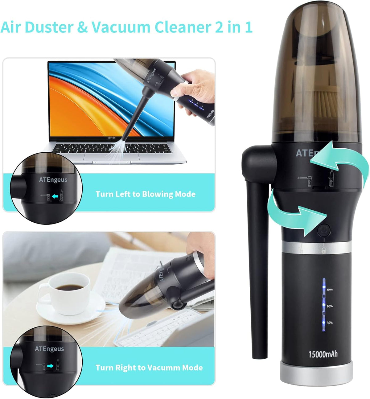 3 in1 Compressed Air Duster & Vacuum, 77000 RPM Cordless, 15000mAh, 2 Speeds, Detachable Battery J194205