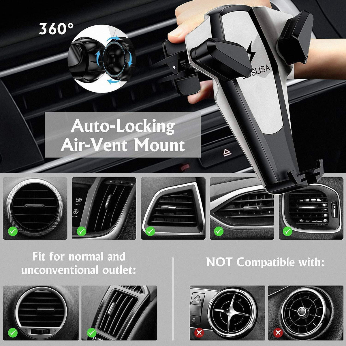 Wireless Charging Car Vent Cellphone Mount Silver J669205