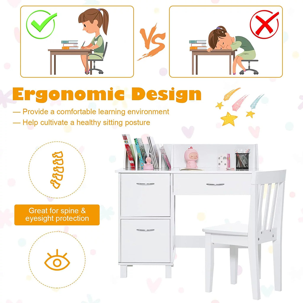 Kids Wooden Desk and Chair Set with Drawer & Storage Cabinets C368517