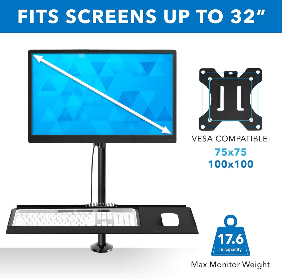 Black Height Adjustable Monitor Desk Mount with Keyboard Tray Z883
