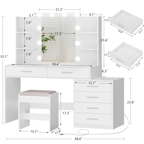 Large White Vanity Desk with Lighted Mirror and Power Outlet Q96852