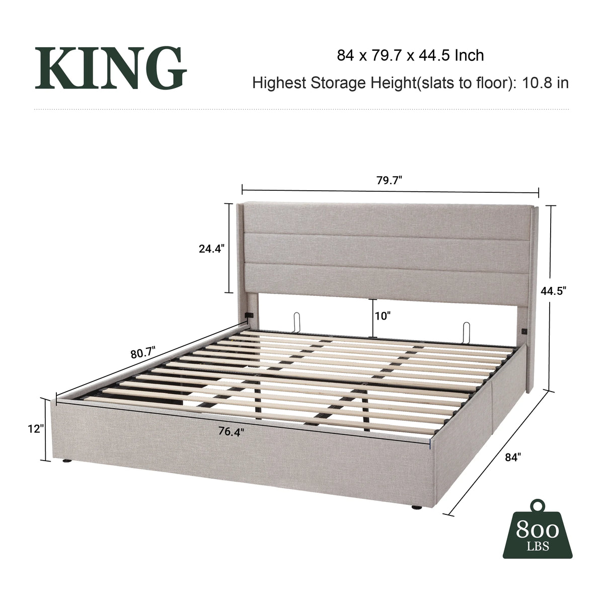 King Size Upholstered Storage Platform Bed Frame with Wingback Headboard T694866