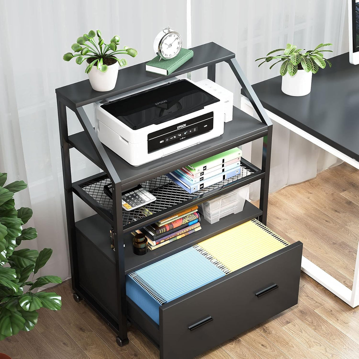 Wood Mobile Filing Cabinet with Storage Shelves Y694