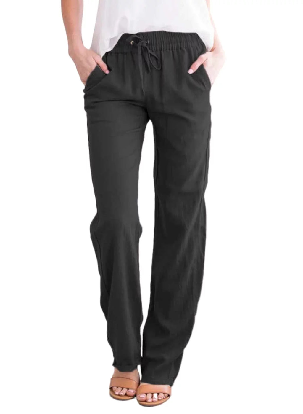 Black Linen Straight Leg Elastic Waist Pants with Pockets 2XL F9627