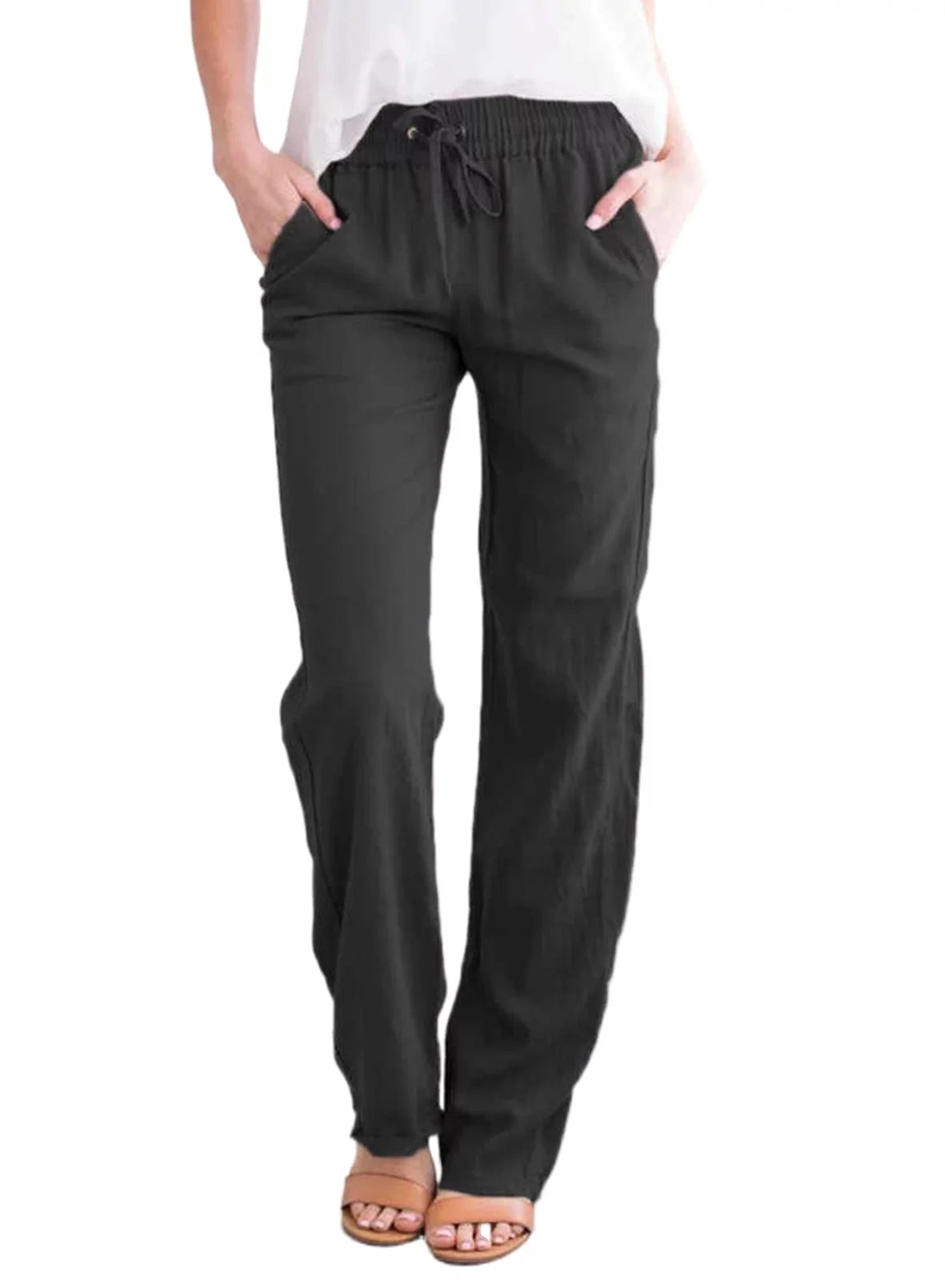 Black Linen Straight Leg Elastic Waist Pants with Pockets 2XL F9627