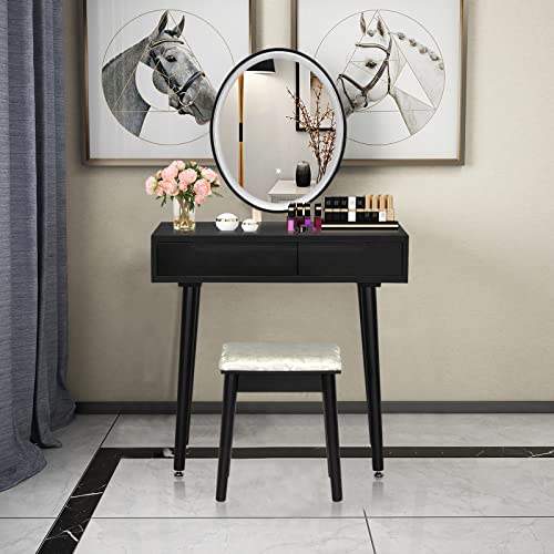 White Vanity Set with Touch Mirror, Cushioned Stool, 2 Sliding Drawers S184521
