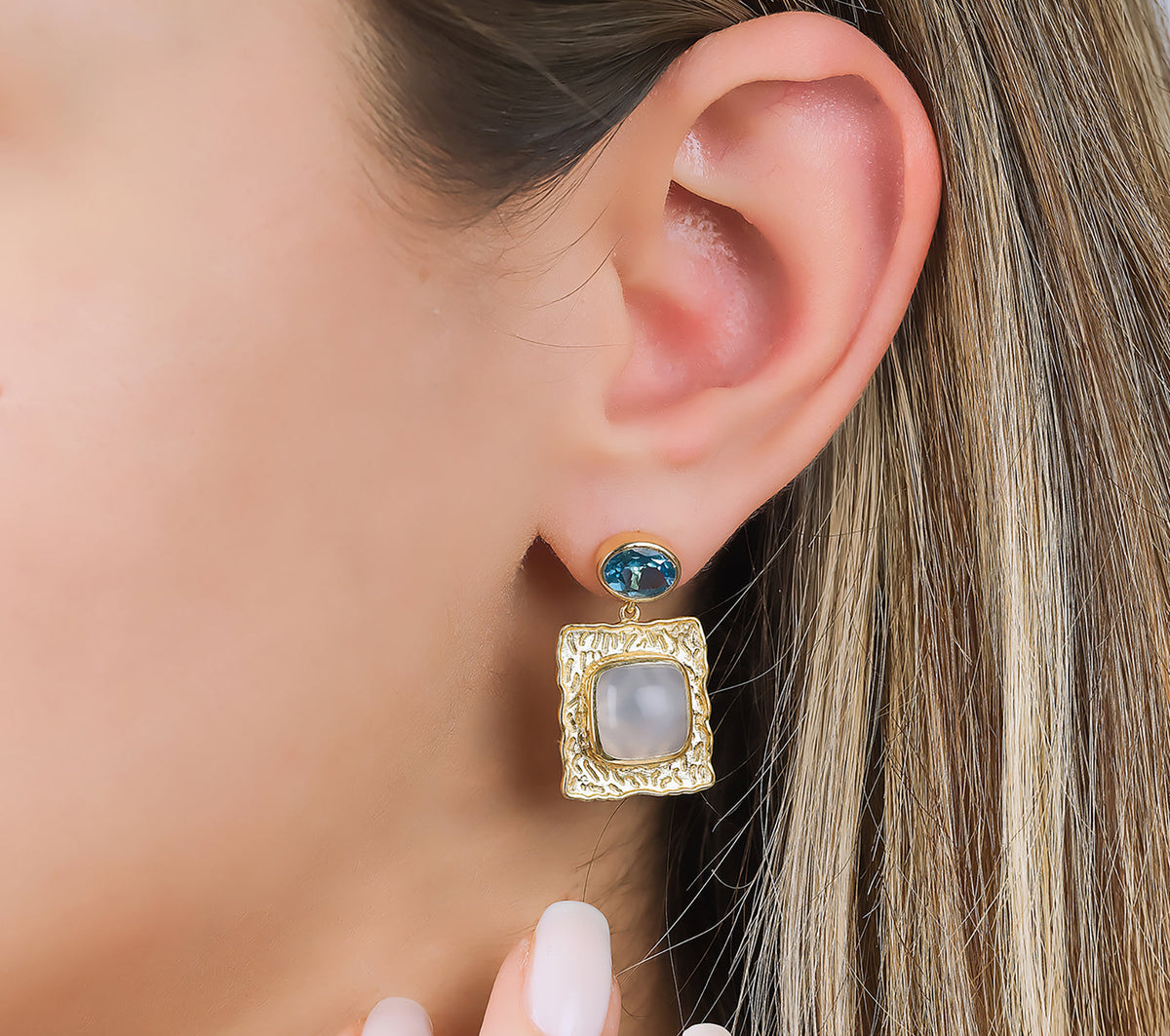Blue topaz and calcedonie earrings in sterling silver 18k gold plated Q437