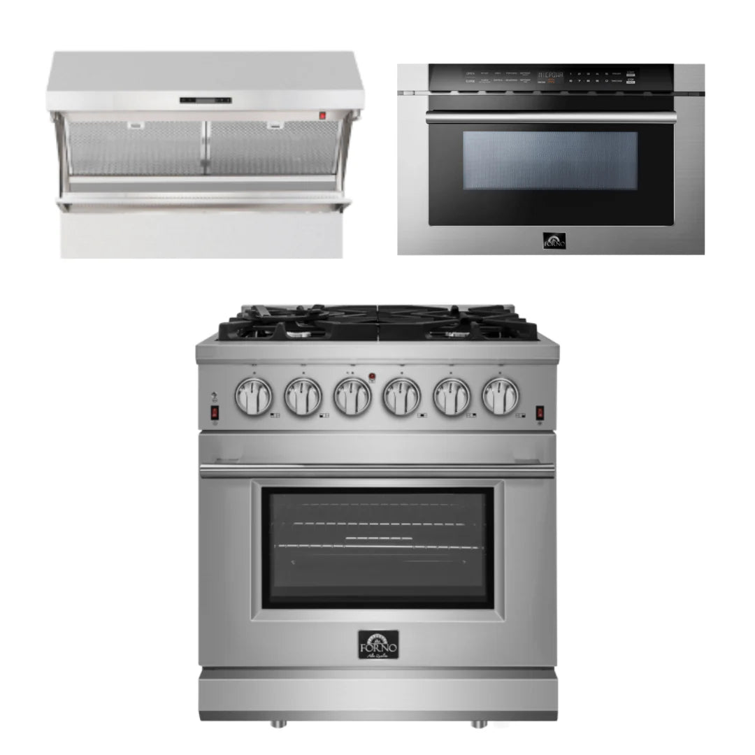 30 Inch Gas Range, Wall Mount Range Hood, Microwave Drawer X5747