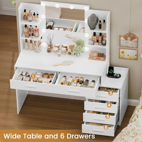 Large White Vanity Desk with Lighted Mirror and Power Outlet Q96852