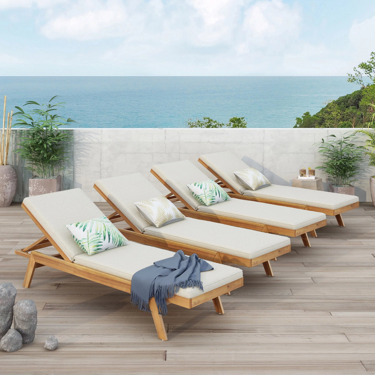 Teak Acacia Wood Chaise Lounge with Cream Cushions, Set of 4 P914800