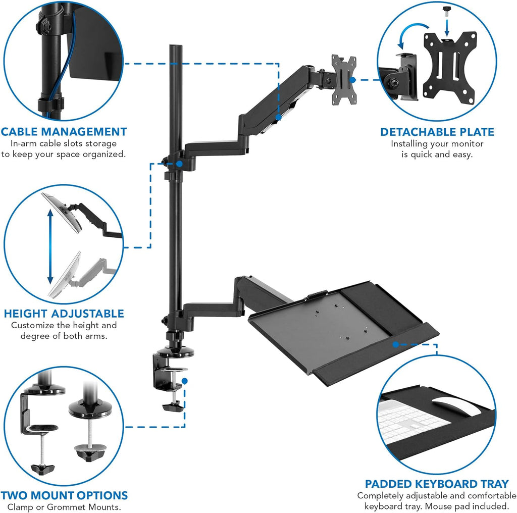 Black Height Adjustable Monitor Desk Mount with Keyboard Tray Z883