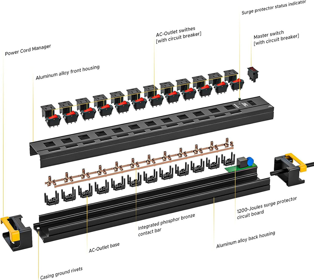 12 Outlets Surge Protector Power Strip with Individual Switches, 9FT, 1020J, 15AMP/1875W, Black, Pack of 2 Y715