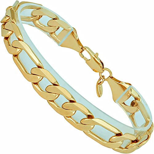 11mm Beveled Figaro Chain Bracelet 24k Real Gold Plated T530152