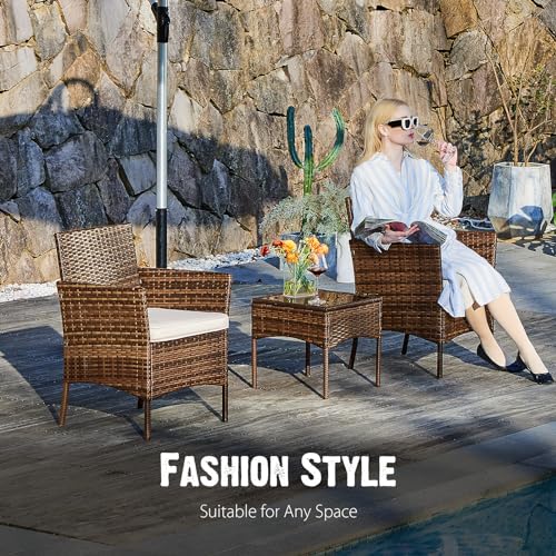 3 Pieces Wicker Rattan Patio Furniture Set with Cushion and Glass Table C2733