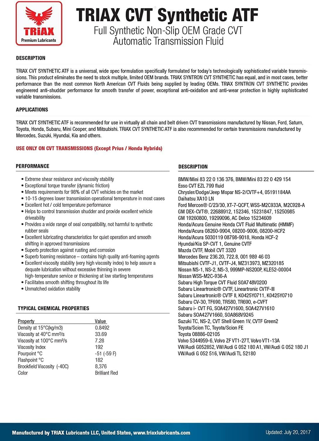 12 Quart Full Synthetic Transmission Fluid J7485