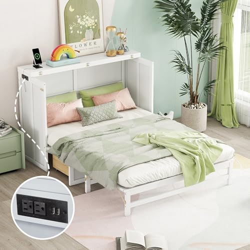 White Full Size Murphy Bed with Charging Station and Drawers R963