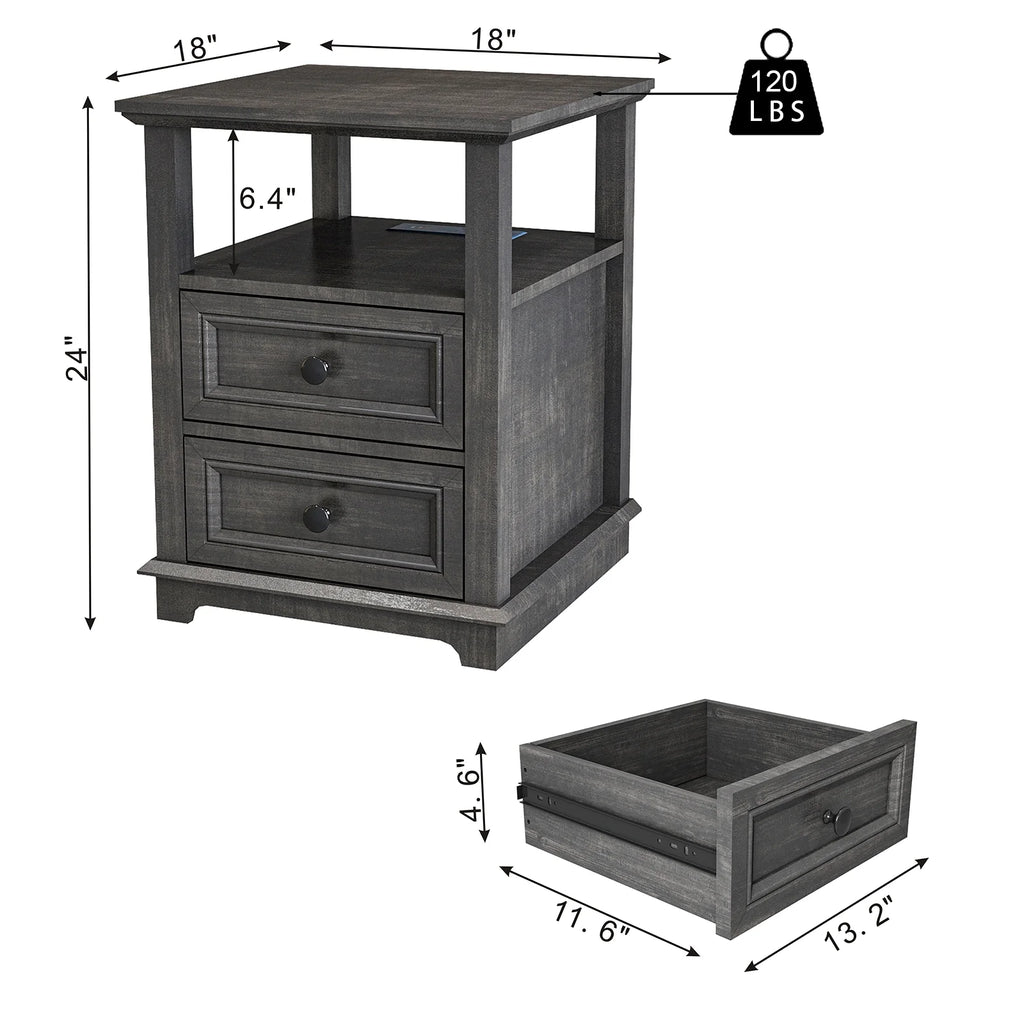 24” Tall End Table with USB C Charging Station, 2 Drawers, Black J8846