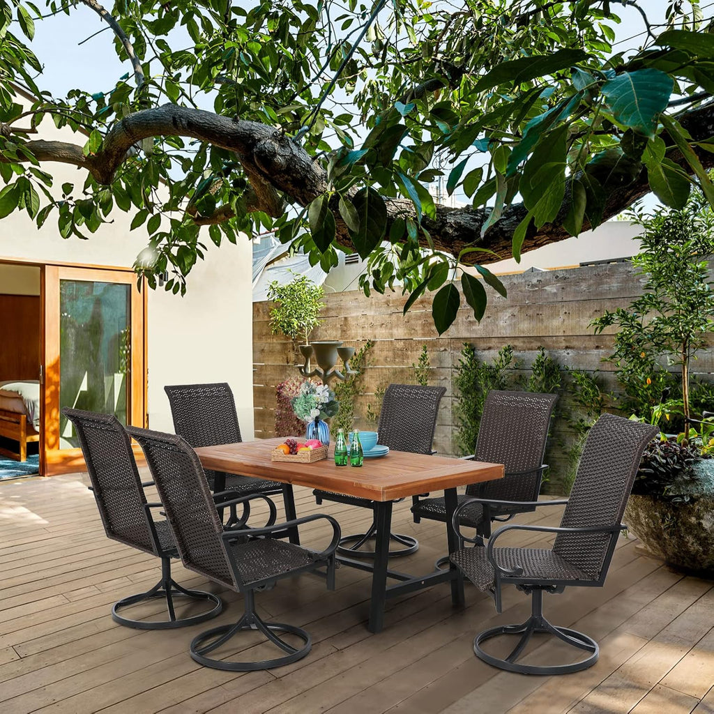 7 Piece Acacia Wood Outdoor Dining Set with 6 Swivel Rattan Chairs K659