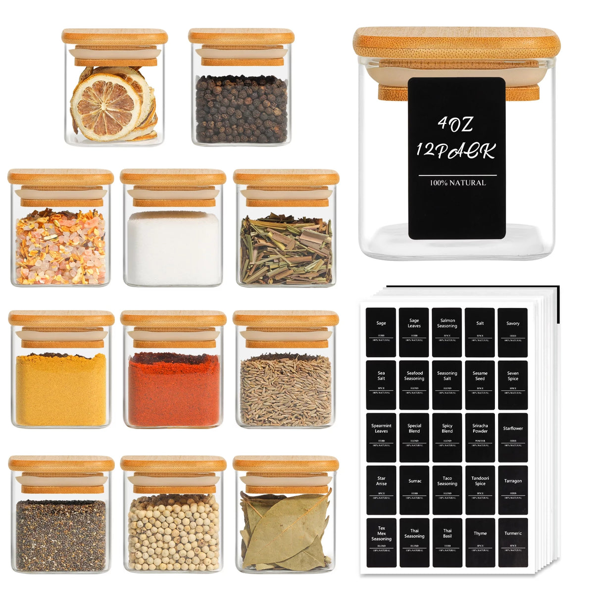 4 oz Set of 12 Glass Spice Jars with Bamboo Lids R161056