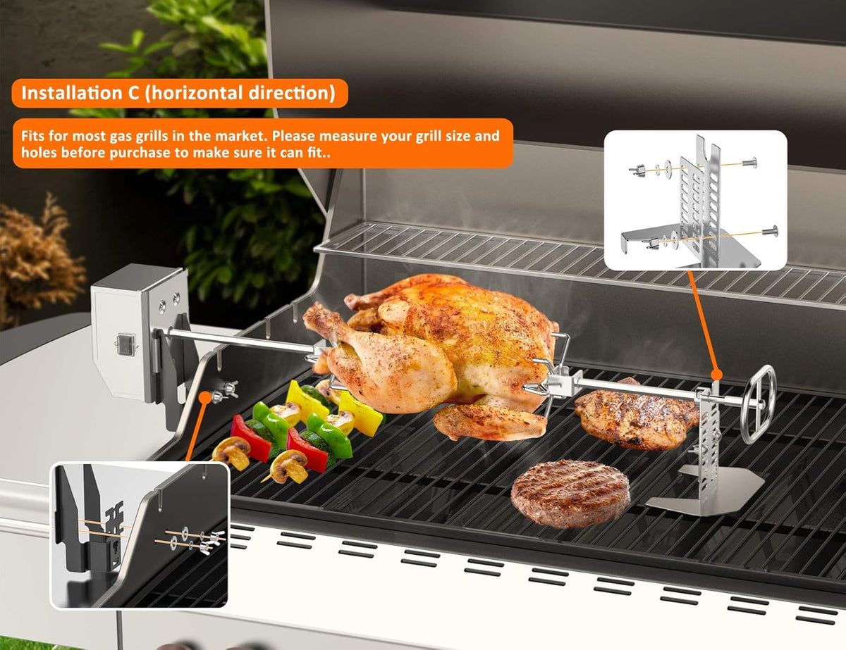 Stainless Steel Rotisserie Kit with 6 Watt 110V Electric Motor for Gas Grills, 28 × 0.35 Inch Hexagon Spit Rod Pack of 2 R8485