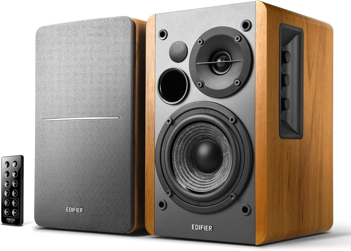 Powered Bluetooth Bookshelf Speakers - Optical Input - 4 Inch - 42W RMS - Wood Grain (Black) E95238