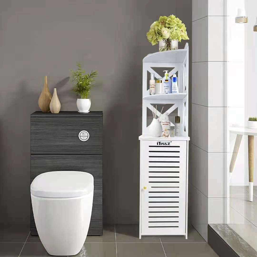 White Free-Standing Bathroom Storage Cabinet with Single Door and 3-Layer Shelves X506868