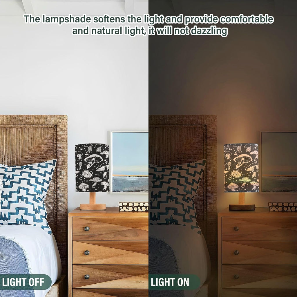 Black White Mushroom Bedside Table Lamp with USB Port Wood Base Round Flaxen Fabric Shade O3992