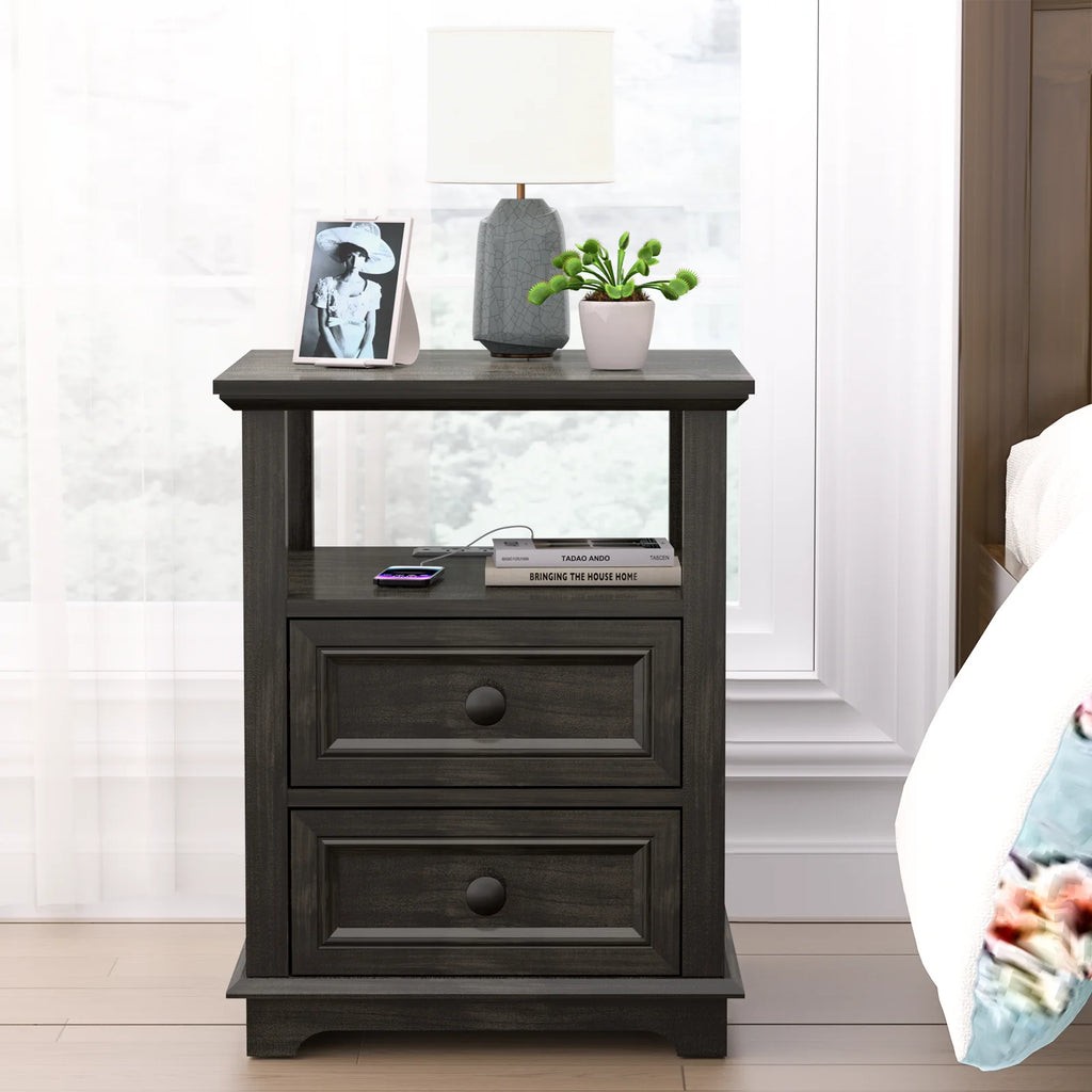 24” Tall End Table with USB C Charging Station, 2 Drawers, Black J8846
