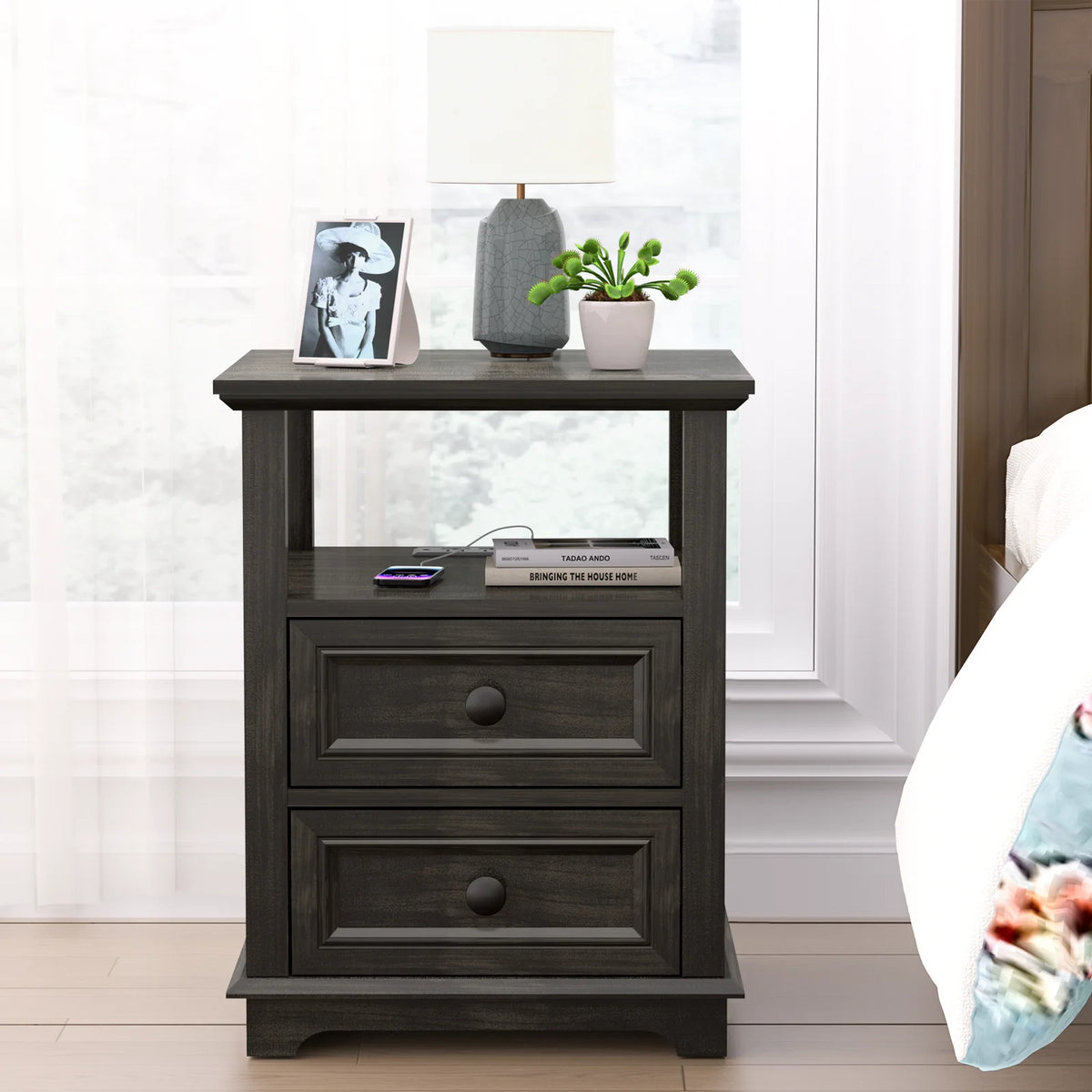 24” Tall End Table with USB C Charging Station, 2 Drawers, Black J8846