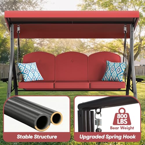 3 Seat Outdoor Patio Swing with Stand Adjustable Canopy Wine Red H862524