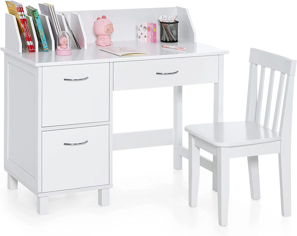 Kids Wooden Desk and Chair Set with Drawer & Storage Cabinets C368517