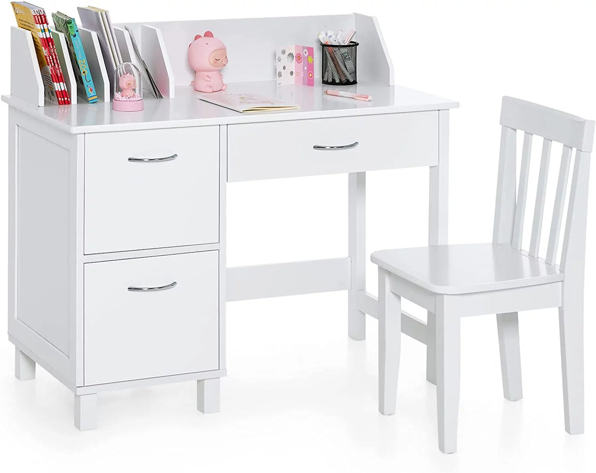 Kids Wooden Desk and Chair Set with Drawer & Storage Cabinets C368517