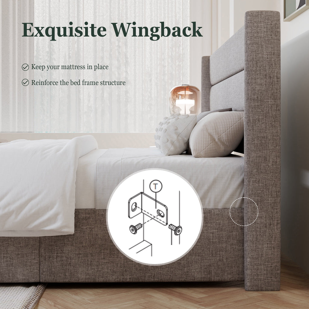 King Size Upholstered Storage Platform Bed Frame with Wingback Headboard T694866