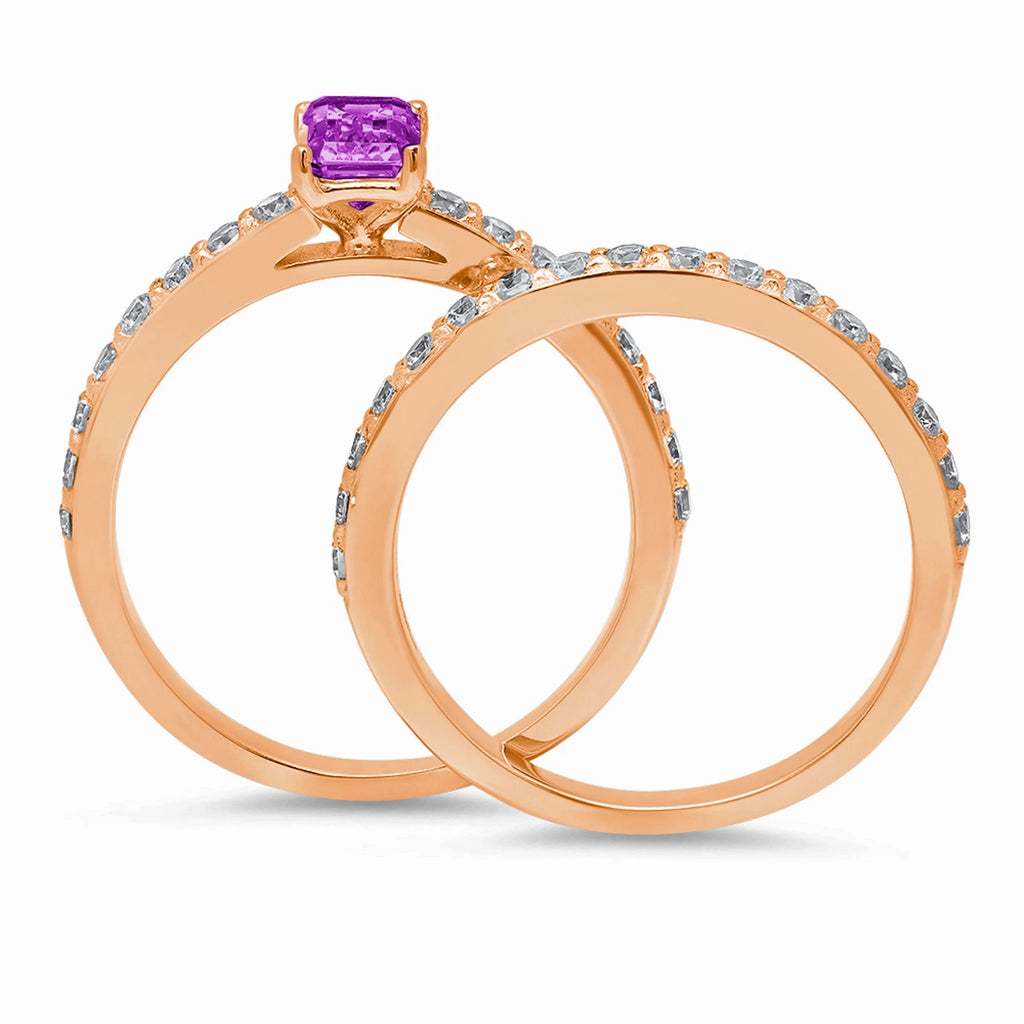 14k Rose Gold Simulated Alexandrite Solitaire Bridal Set SZ 6.75 Y5647