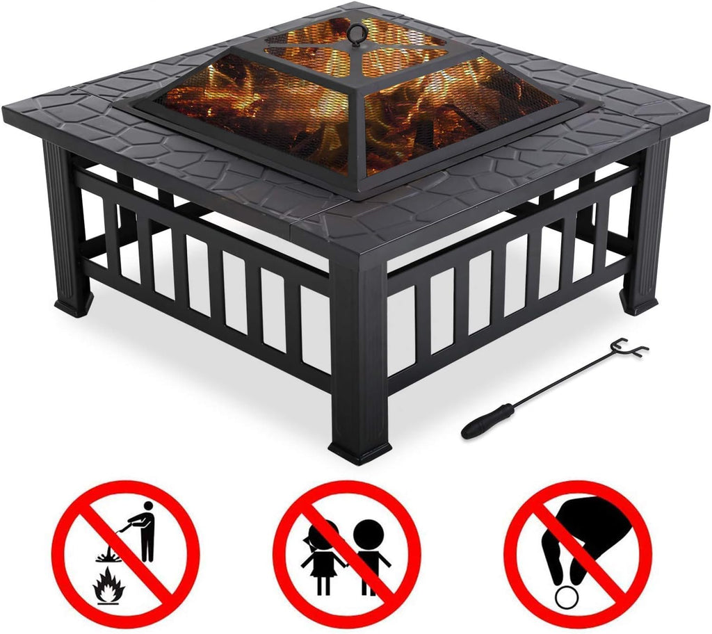 32 Metal Square Wood Burning Fire Pit with Charcoal Rack H32149