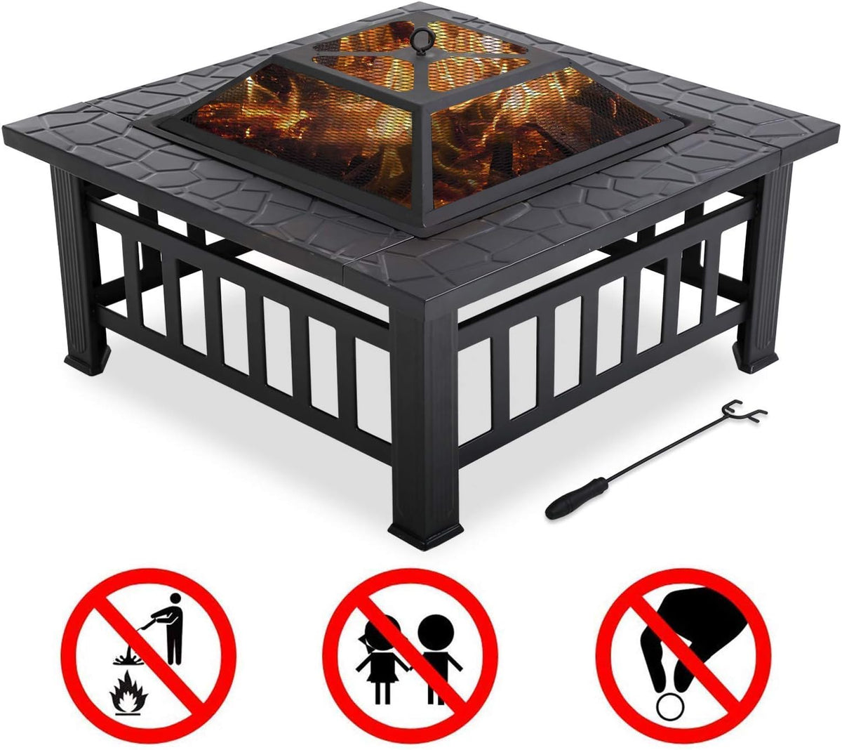 32 Metal Square Wood Burning Fire Pit with Charcoal Rack H32149
