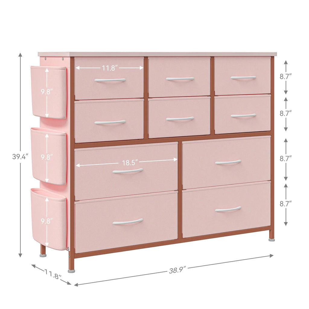 Pink 10 Drawer Fabric Dresser with Wood Tabletop E6537