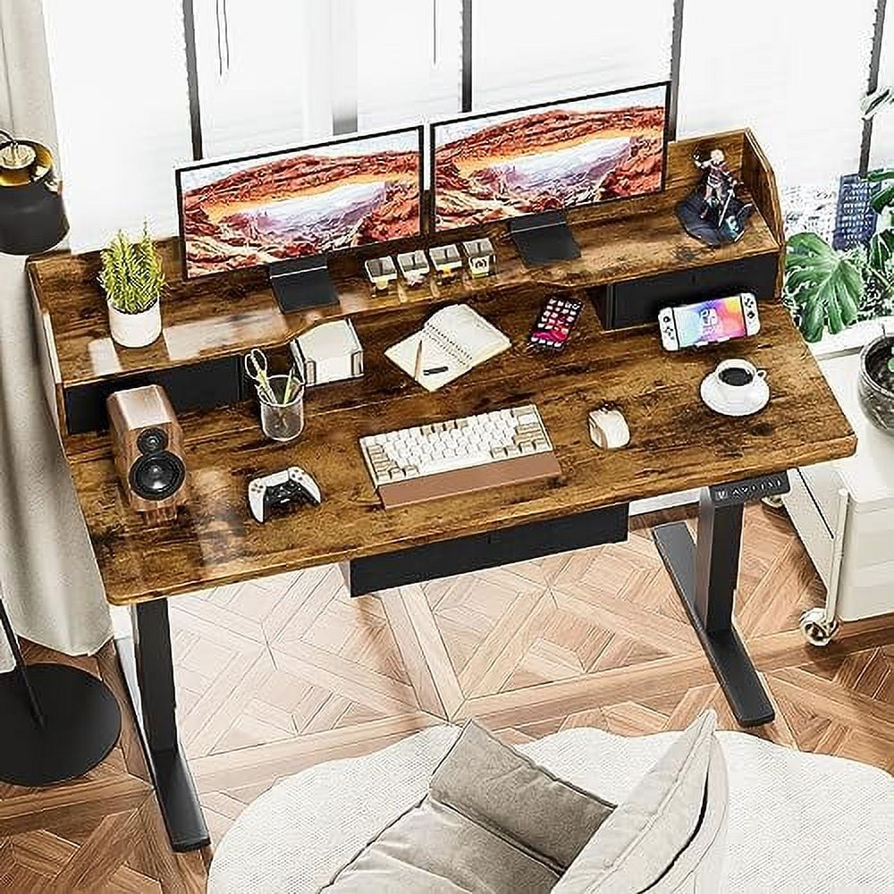 Electric Standing Desk with Triple Drawers 55 x 24 Inch Rustic Brown Z4676