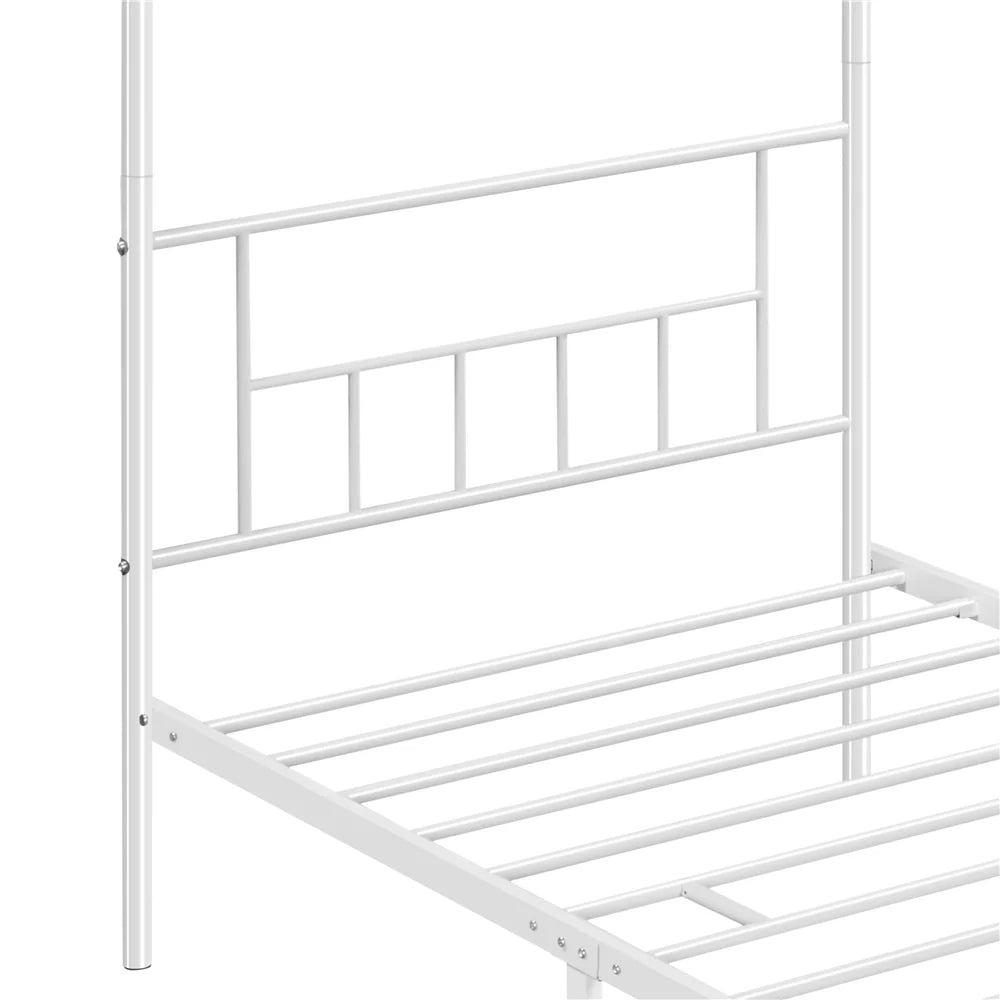 White Twin Metal Canopy Bed Frame with Headboard and Footboard L7584
