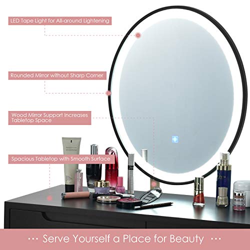 White Vanity Set with Touch Mirror, Cushioned Stool, 2 Sliding Drawers S184521