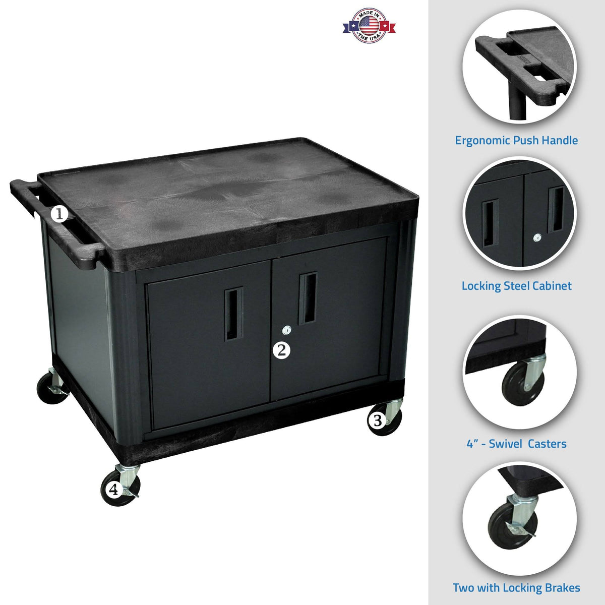 27x22H A-V Cart with Two Large Shelves and Cabinet Z2137