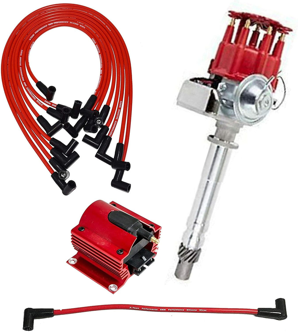 Red Cap Distributor Coil and Red 8mm Spark Plug Wires Set Q3417