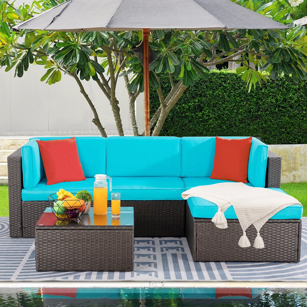 5 Pieces All-Weather PE Rattan Wicker Patio Sofa Set E34780