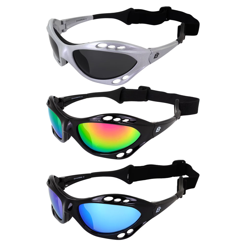 3 Pairs Padded Polarized Sunglasses w/Strap Silver Frame w/Smoke Lens & Black Frame w/ Pink & Green Mirror Lenses W612892