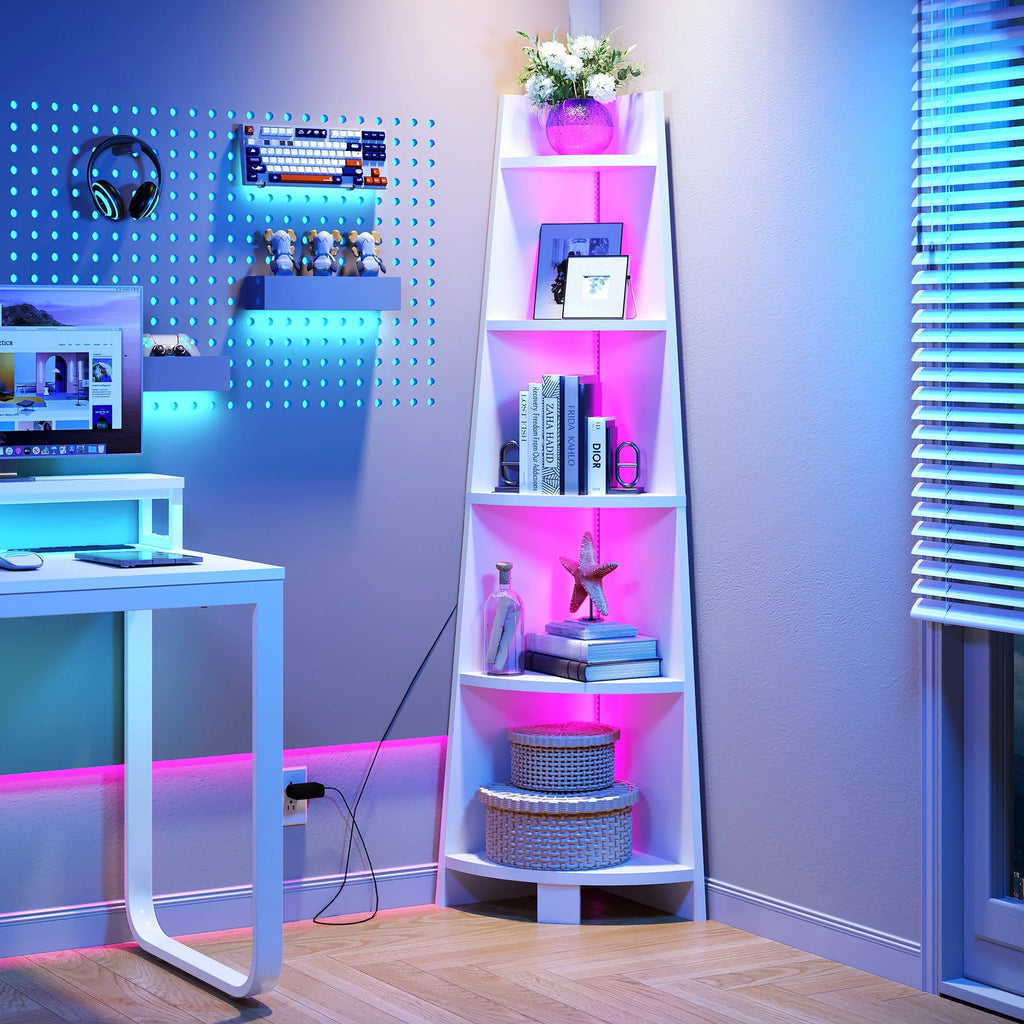White 5 Tier Corner Shelf with Led Light C924607