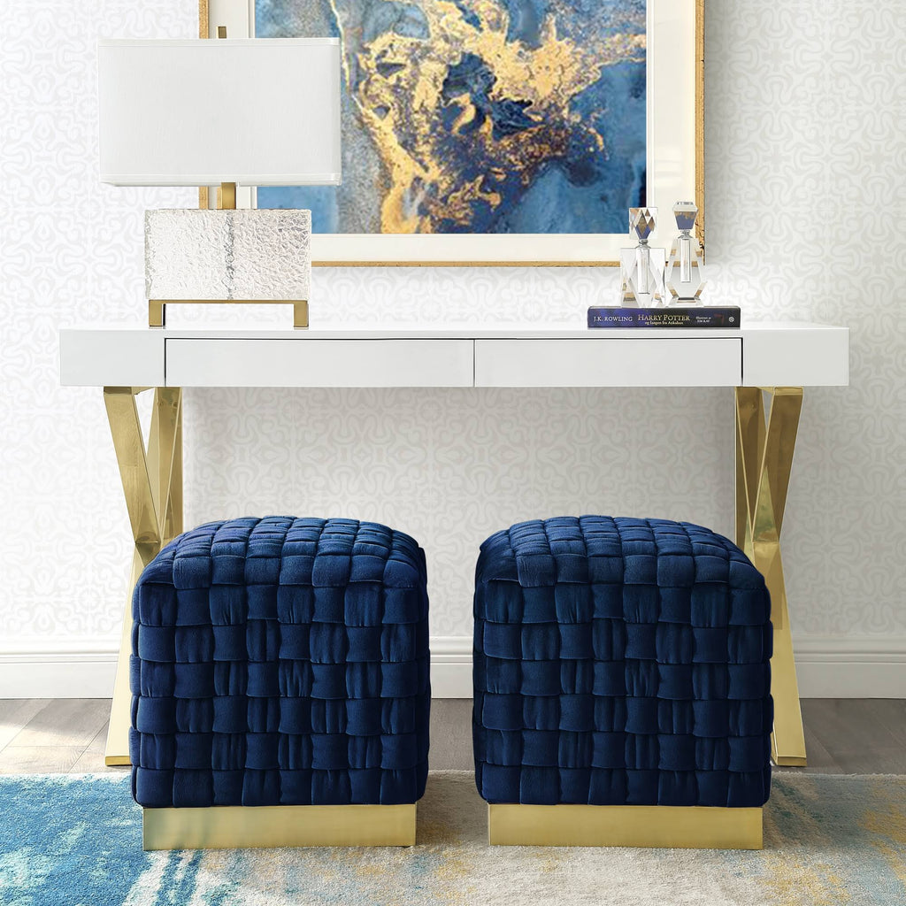 Navy Gold Velvet Cube Ottoman E325
